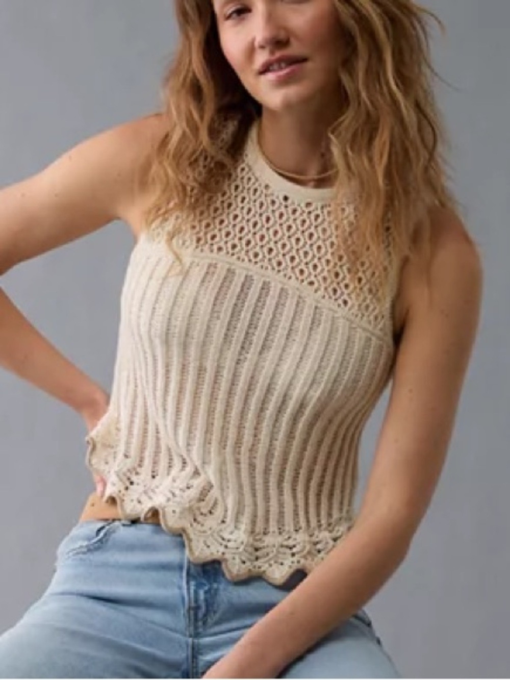 American Eagle Outfitters Cream Crochet Sleeveless Top small